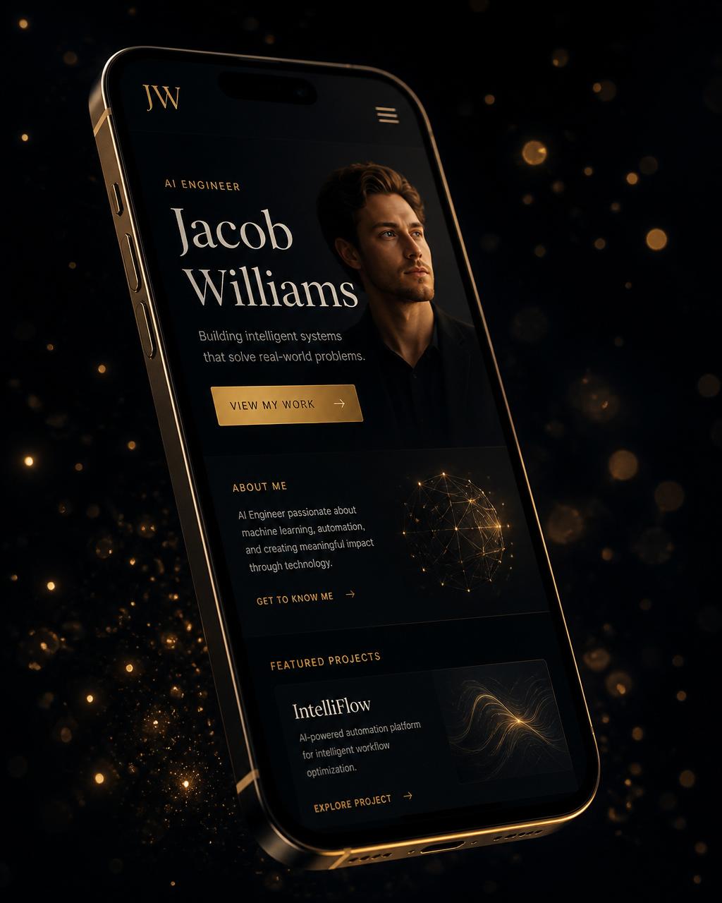A phone showing a personal portfolio built with Eliorexa